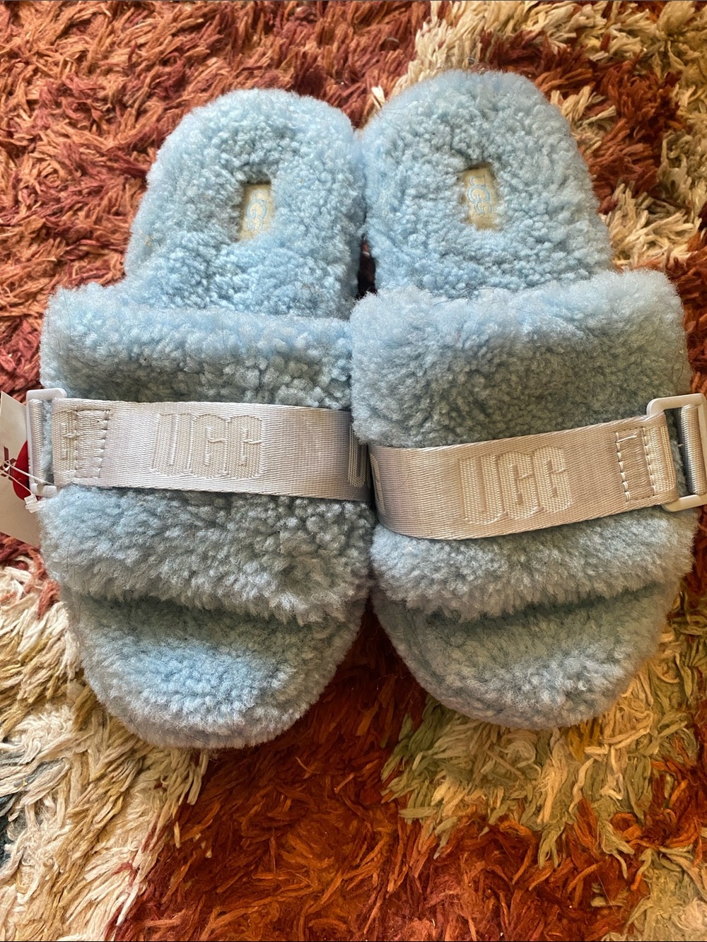 UGG Plush Shearling Slide Sandals in Baby Blue